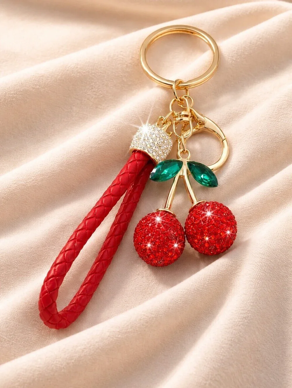 Cherry Crystal Keychain with Red Braided Strap Rhinestones and Gold Hardware